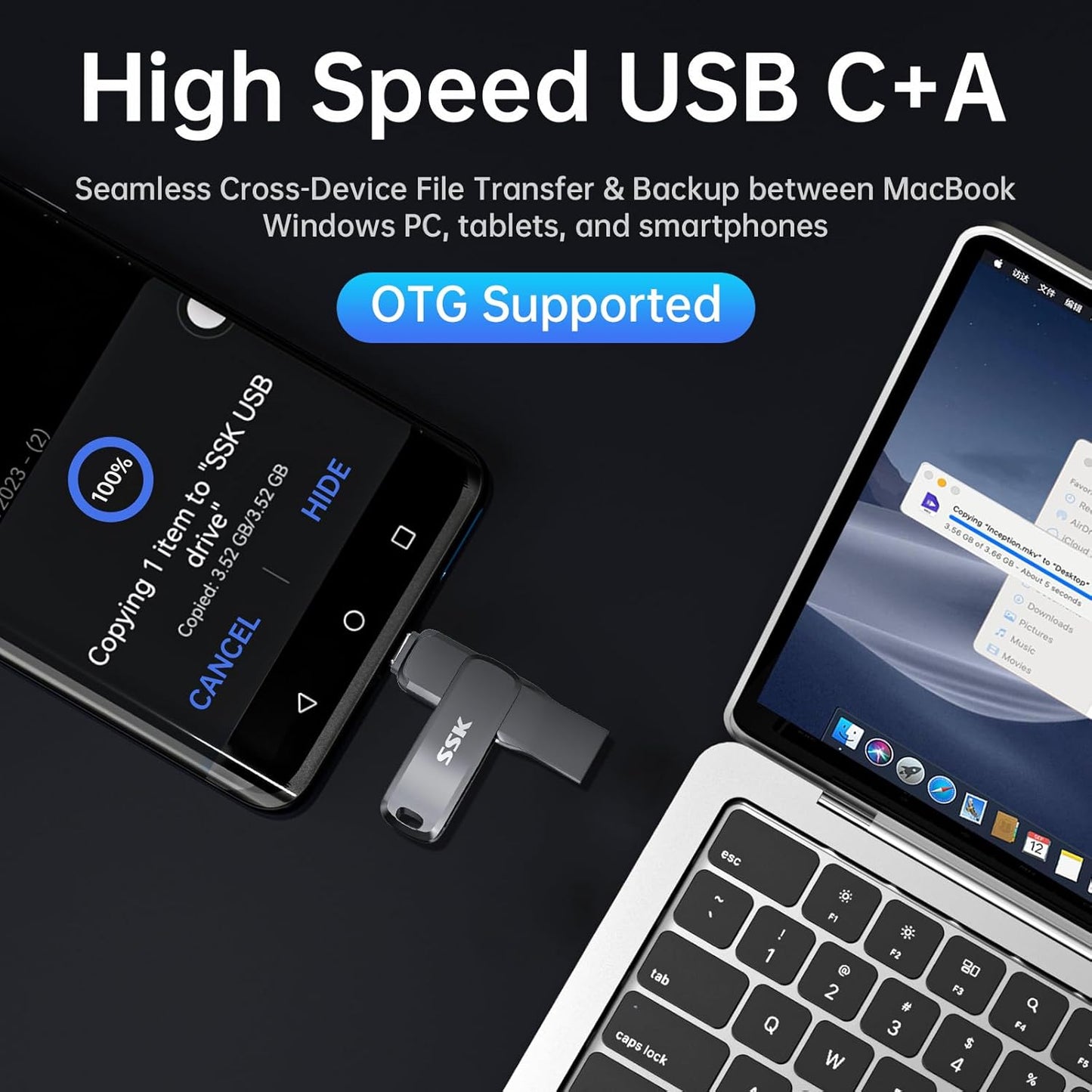 SSK 128GB,Up 200 USB3.2 USB C Flash Drive to MB/S Read Speed USB-C-Thumb-Drive,Dual Flash Drives with USB-C
