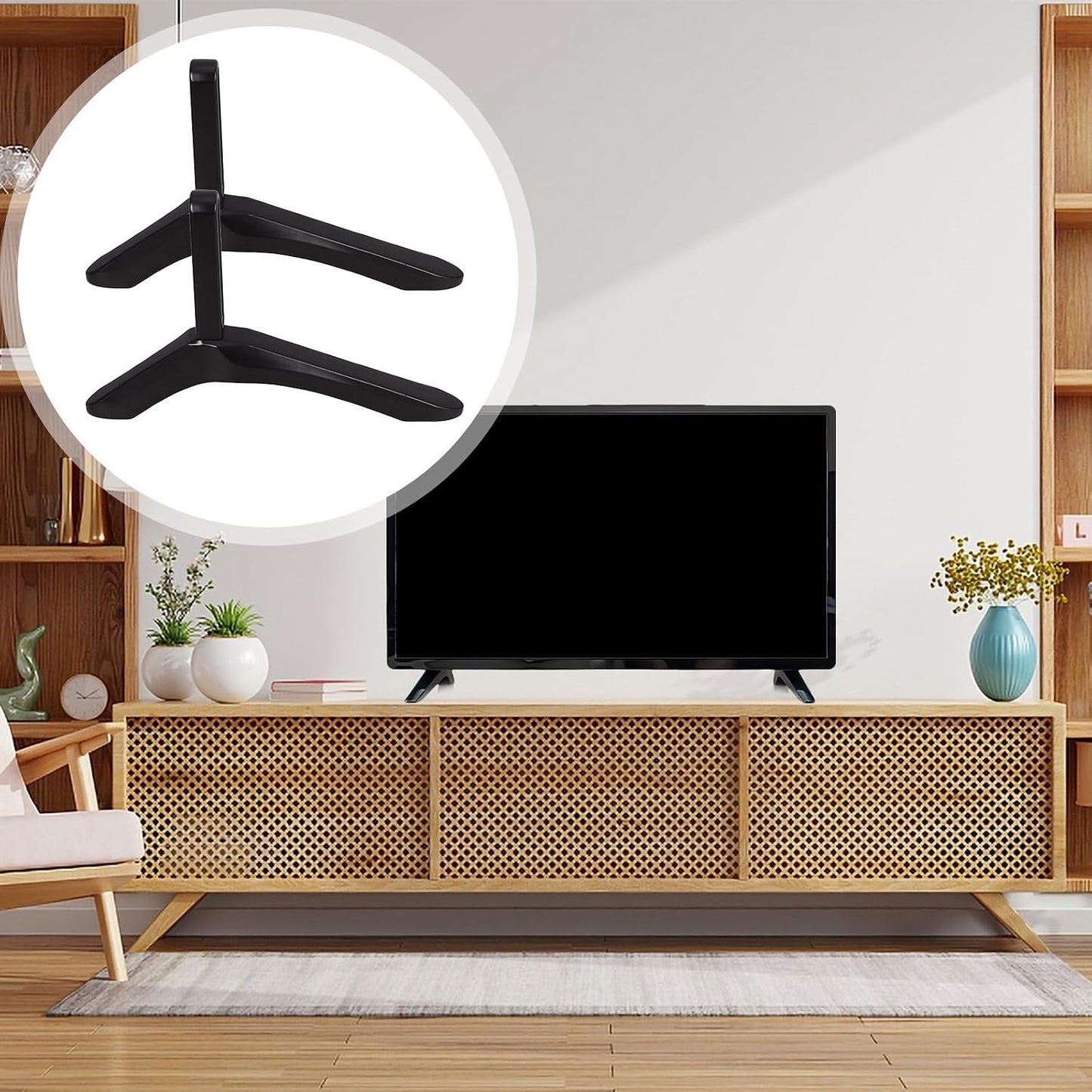 KALLORY Setup TV Stand Tabletop Base with Screws Metal TV Holder Support Suitable for Desktop Use and Home