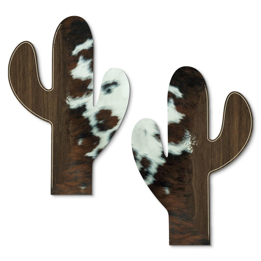 Putuo Decor Cactus Wall Decor Set of 2, Western Farmhouse Cowhide Cactus Wall Art, Rustic Cow Print Wall Hanging for Living Room Bedroom Entryway