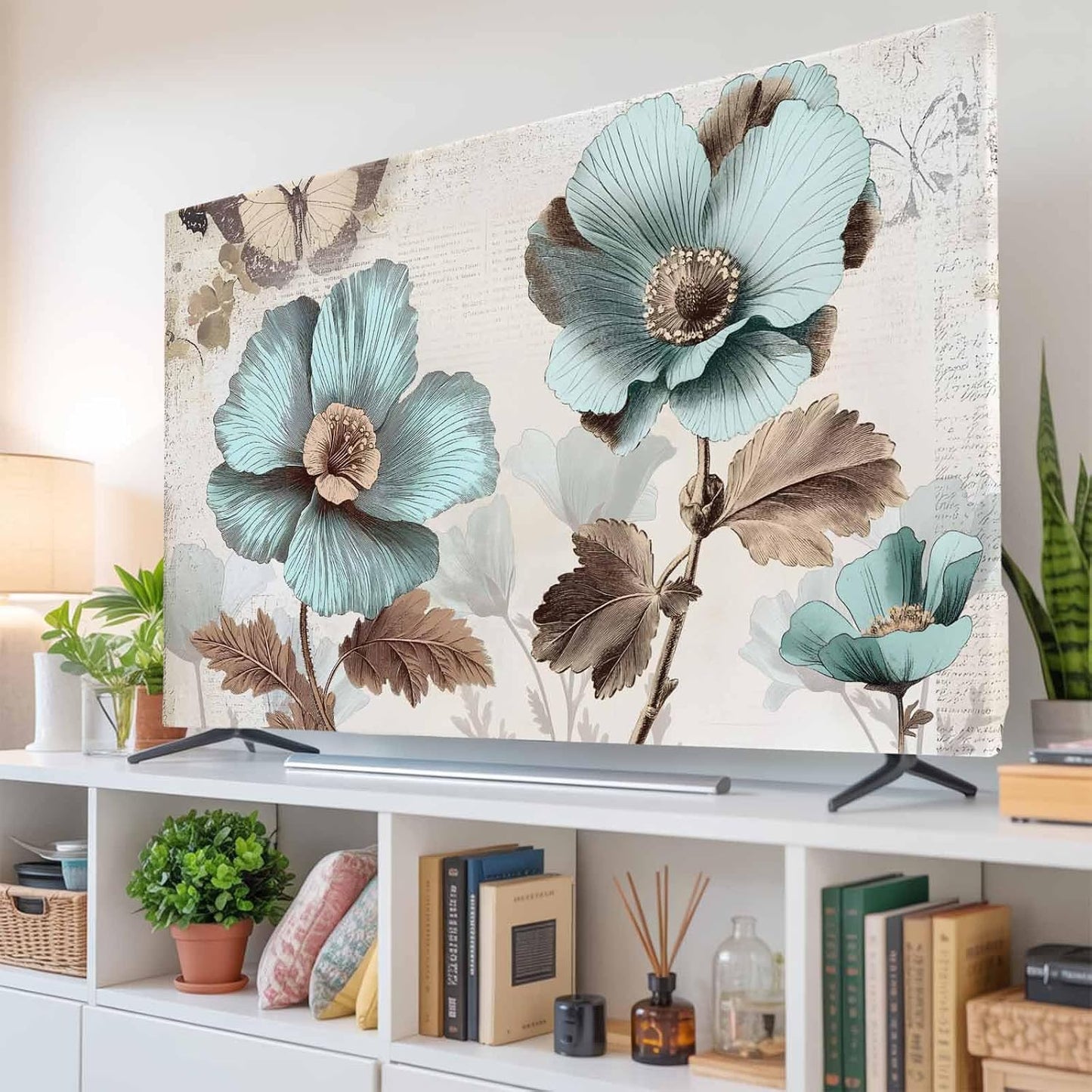 Yukro 85 Inch, 74"x42" Victorian Style Broccoli Butterfly Indoor TV Dust Cover, Blue Flowers Plant Elastic TV Dustproof