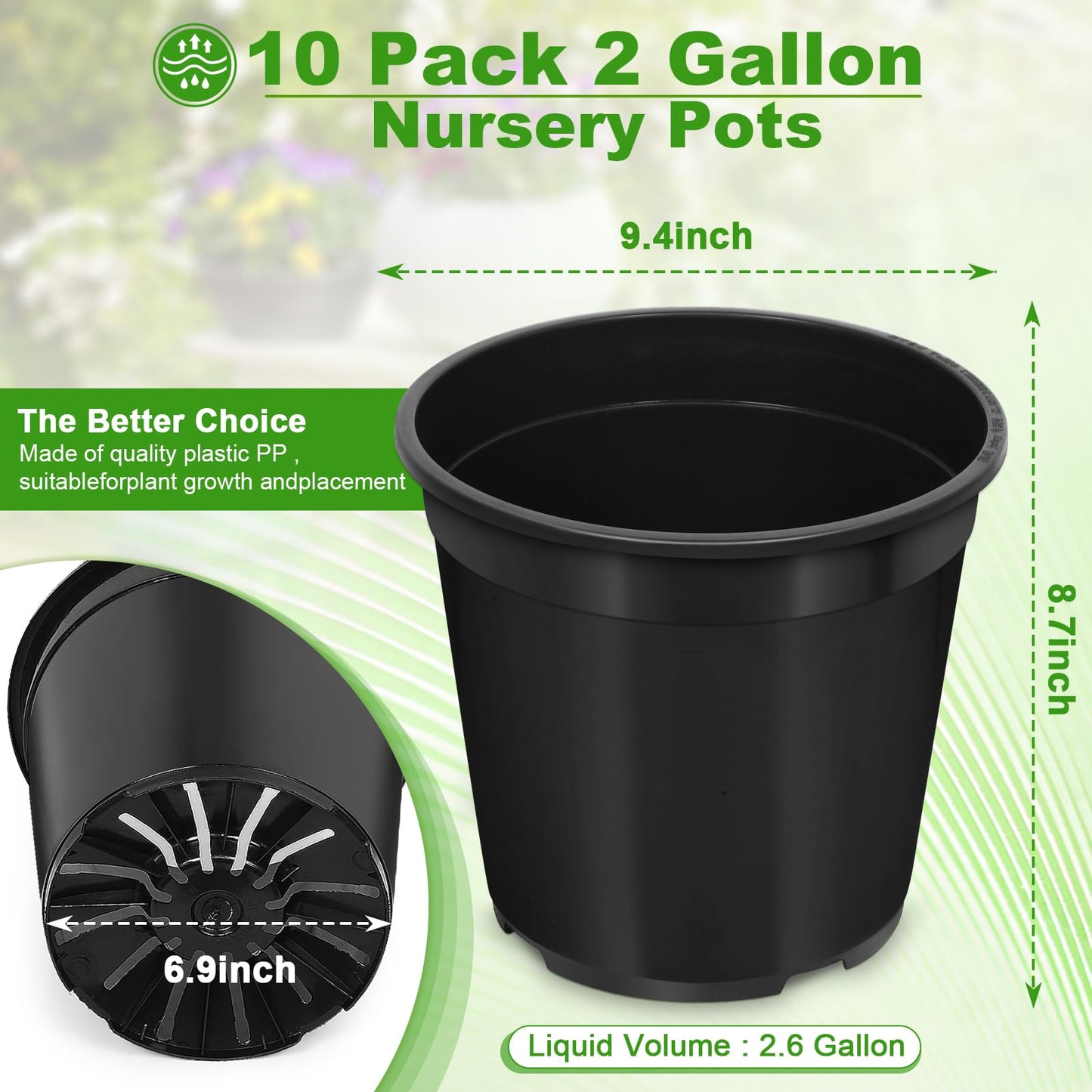 DUNPUTE 10 Pack 2 Gallon Pots for Plants, 2 Gallon Plastic Plant Pots with Drainage, Sturdy Plastic Pots for Plants, Flowers, Succulent Outdoor Indoor