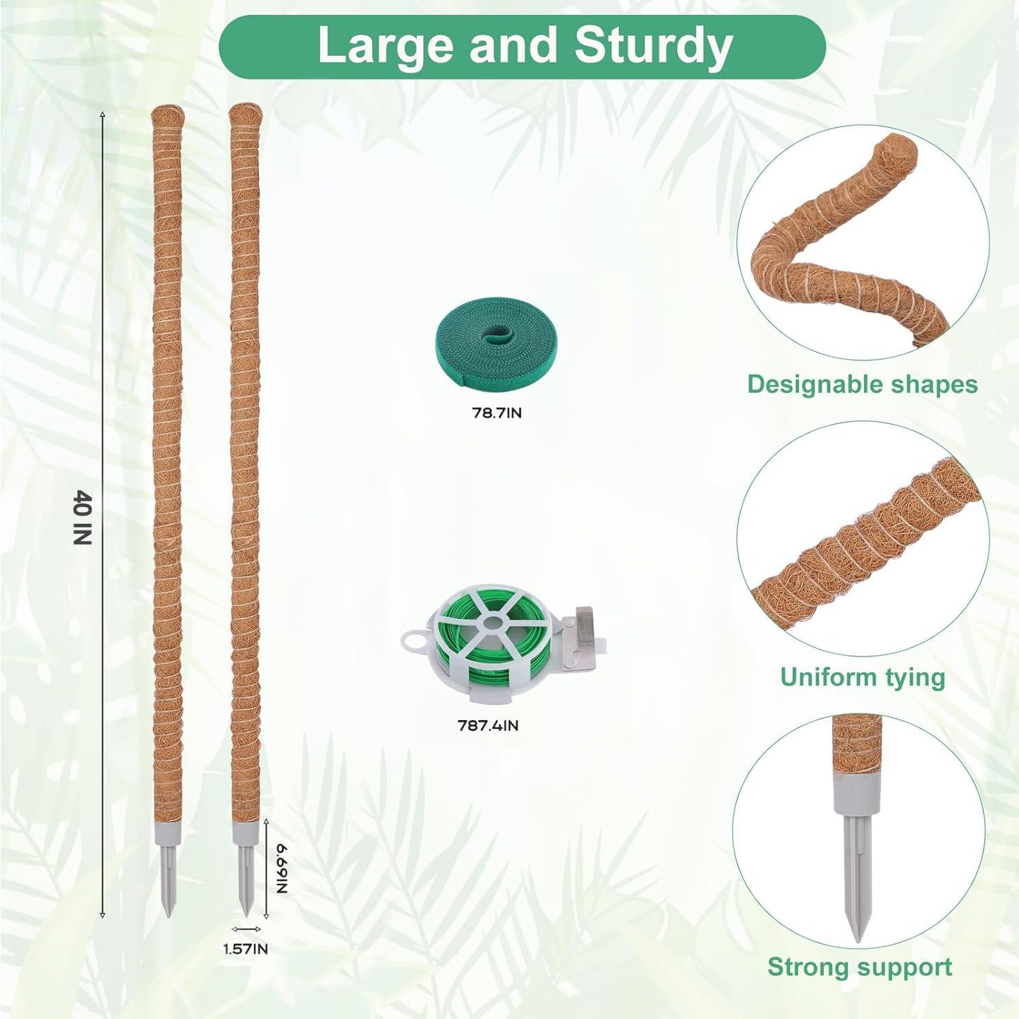 2 Pack Moss Pole, 40 Inch Monstera Plant Support, Moss Poles for Climbing Plants Indoor DIY, Coco Coir Plant Pole Moss Plant Stick Support Stake Kit for Potted Plants, Pothos, Philodendron