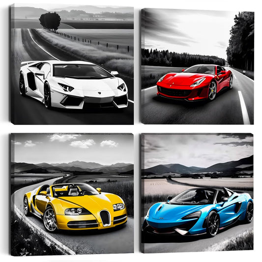 Car Wall Art 4PC Sports Car Canvas Wall Art Framed Colorful Supercar Painting Picture Racing Car Garage Wall Decor Black and White Themed Modern Canvas Prints for Boys Room Men Bedroom Office