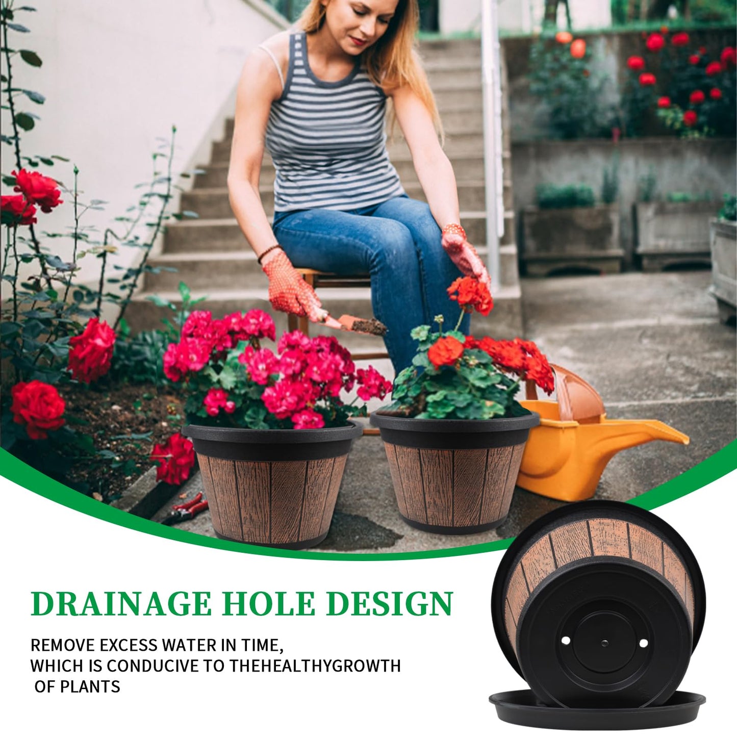 Quarut Large 4 Pack 14 inch Plant Pots,Whiskey Barrel Planters with Drainage Holes & Saucer,Plastic Decoration Flower Pots Retro Design,Planters for Outdoor Indoor Garden Balcony Plants (Brown)
