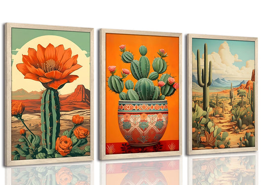 Wood Framed Mexican Cactus Wall Art Set of 3, Vintage Desert Botanical Canvas Prints, Boho Southwestern Floral Painting Pictures, Rustic Living Room Bedroom Bathroom Home Wall Decor 8x10 inch