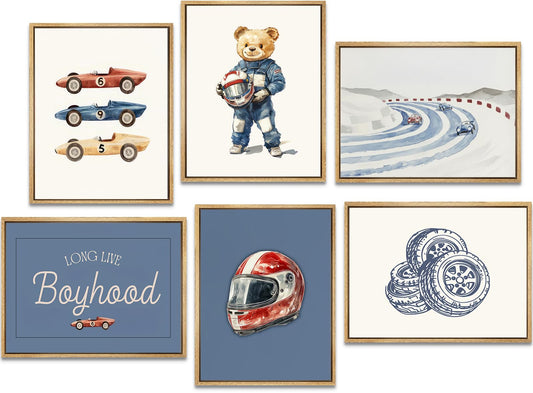 VXGMYPGZ Vintage Race Car Nursery Wall Art Set of 6, Teddy Bear Racing Canvas Prints Posters, Retro Boys Room Wall Decor Blue Car Theme Pictures 8x10 Unframed