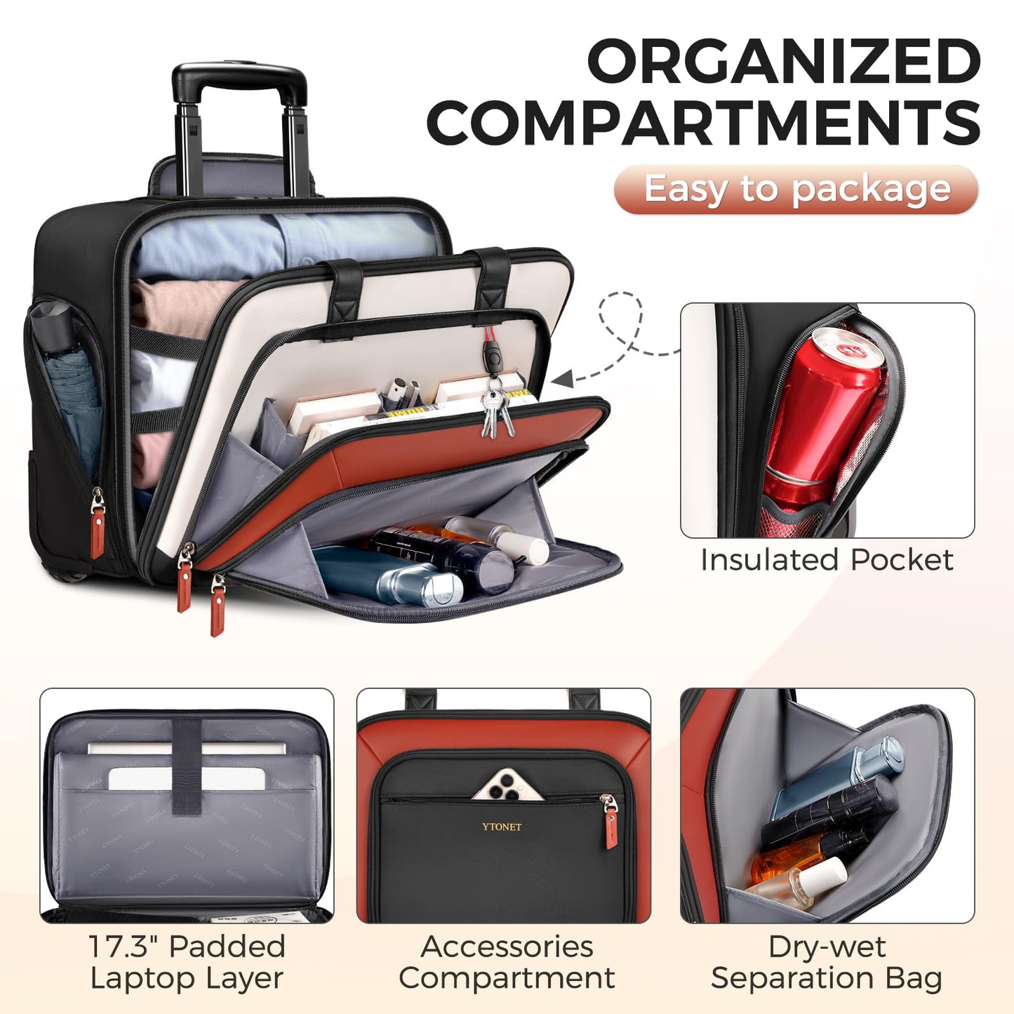 Ytonet Rolling Laptop Bag, Rolling Briefcase for Women with Lock, 17.3 Inch Carry On Laptop Bag with Wheels, Roller Bag with Insulated & Waterproof Pocket, Teacher Bag for Work Travel Business College