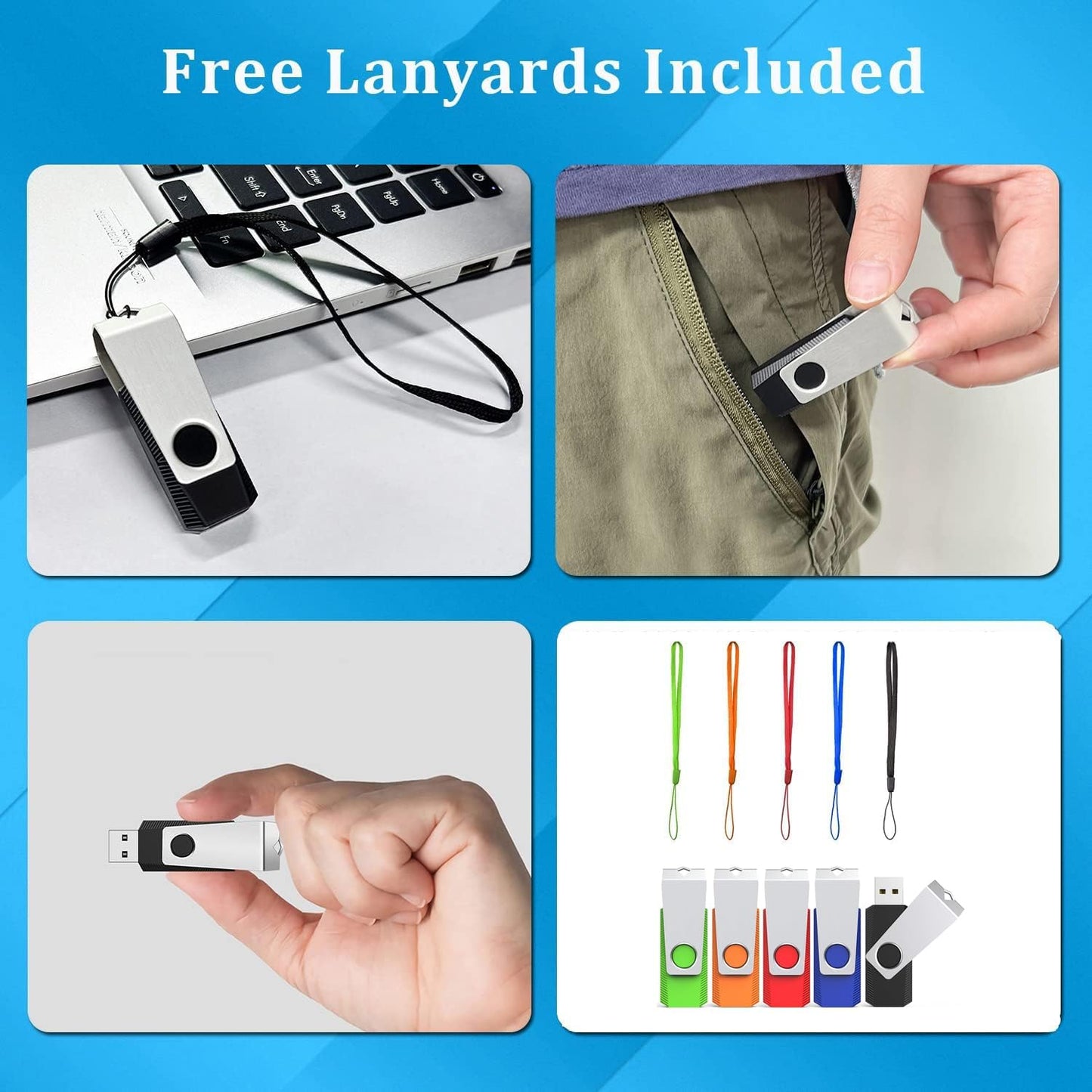 Wooolken 5 Pack 16GB 2.0 (5 Flash Drive, USB Memory Stick with Lanyards Swivel USB Stick for Data Storage and Backup
