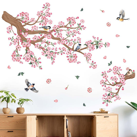 Cherry Blossom Wall Stickers for Bedroom: Peel and Stick Pink Flower Tree Branch Bird Wall Decals - Living Room Bathroom for All Adults
