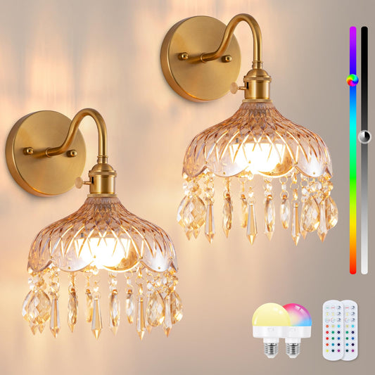 Rnzziw Vintage Battery Operated Set of Two,Wireless Wall Sconces Dimmable Rechargeable Battery, 12 Colors RGB Lamp with Remote for Dining Room Hallway Living Room
