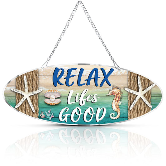 Hotop Beach Sign Decor Hanging Sea Decorations Starfish Wall Decoration Beach Plaque Door Wall Plaque Decor Sign with Seahorse and Scallop for Decoration(Classic Style)