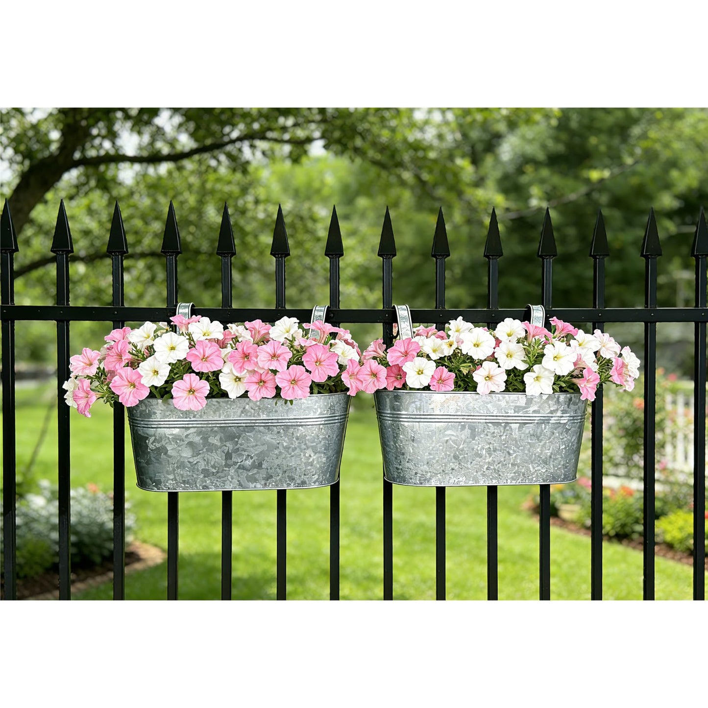 Joyfernal Balcony Galvanized Hanging Planters Railing Flower Pots, Outdoor Metal Fence Planter Pot with Detachable Hooks Drain Hole for Garden Patio Yard Decor (17 Inch, 6Pcs)