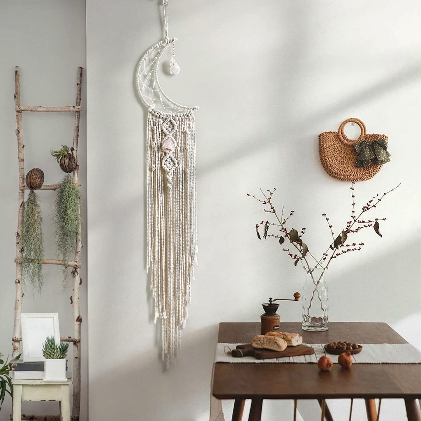 Dremisland Macrame Woven Wall Hanging Moon Dream Catcher with Natural Crystal Stone- Boho Chic Bohemian Home Decor Wall Art Decor with String Lights - Beautiful Apartment Dorm Room Door Decoration