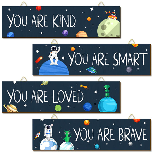 Chunful 4 Pcs Wooden Space Classroom Decor Outer Space Classroom Decorations Inspirational Wall Decor Astronaut Room Decorations Spaceman Galaxy Posters for Boy Room Bedroom Nursery