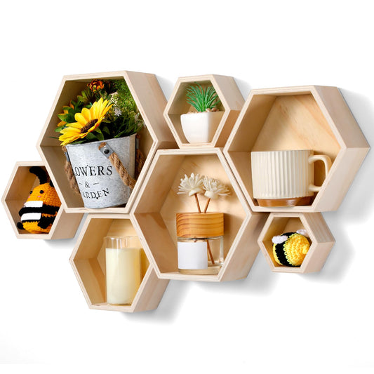DoubleFill Honeycomb Shelves for Wall Set of 7 Wooden Hexagon Floating Shelves Decor Octagon Wall Mounted Storage Bookshelf for Living Room Bedroom Office Bee Day Decor(Wood Color)