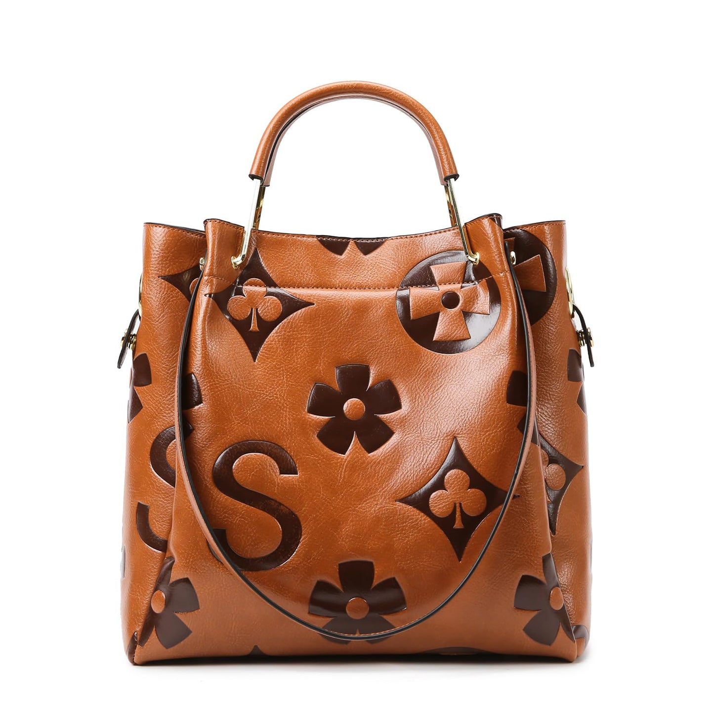 Travistar Floral Handbags and Purses Women - Retro Embossed Leather Top Handle Handbag Set Large Women's Shoulder Bag Trendy Hobo Purse Ladies Bucket Satchel Bags Chic Work Tote with Pouch Brown
