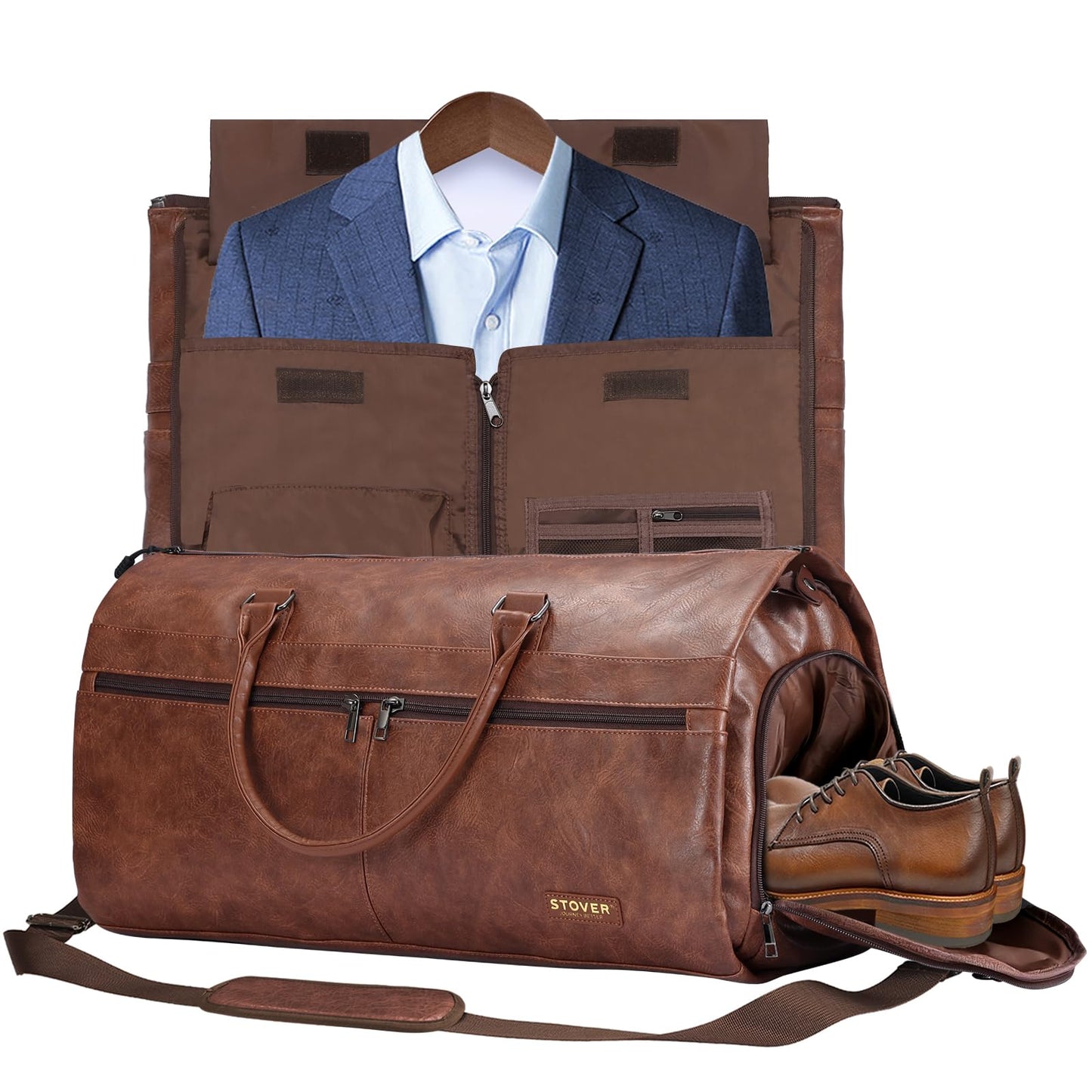 STOVER Garment Travel Duffle Bag, Large 2-in-1 Convertible Carry-on Luggage for Men & Women- Hanging Suits, Dresses & Clothes + Shoe Compartment- Weekender Tote Combo Duffel (Brown Leatherette)