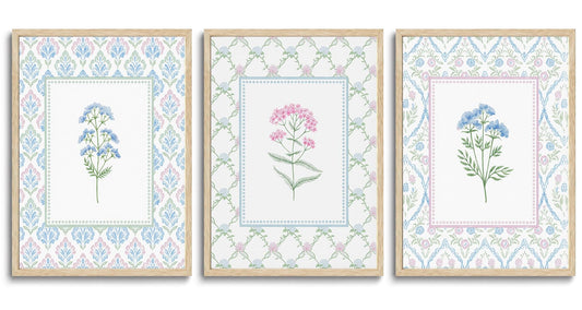 CHMMART 3 Piece Pastel Wildflower Framed Wall Art Nursery Floral Canvas Art Prints Pink Blue Botanical Pictures Wall Decor Boho Flower Painting Artwork for Bedroom Bathroom 12x16in