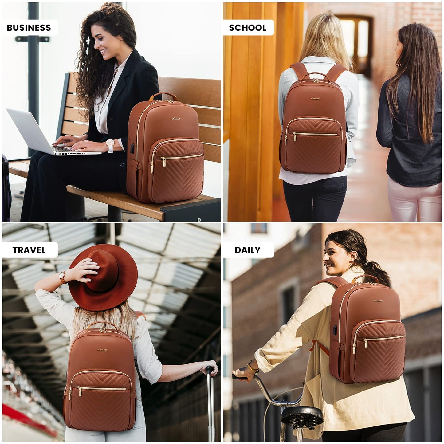 LOVEVOOK Laptop Backpack Purse for Women, Large Capacity Travel Computer Work Bag, Faux PU Leather Quilted Casual Nurse Backpack for Womens, Fit 15.6 Inch Laptop with USB Port, Brown