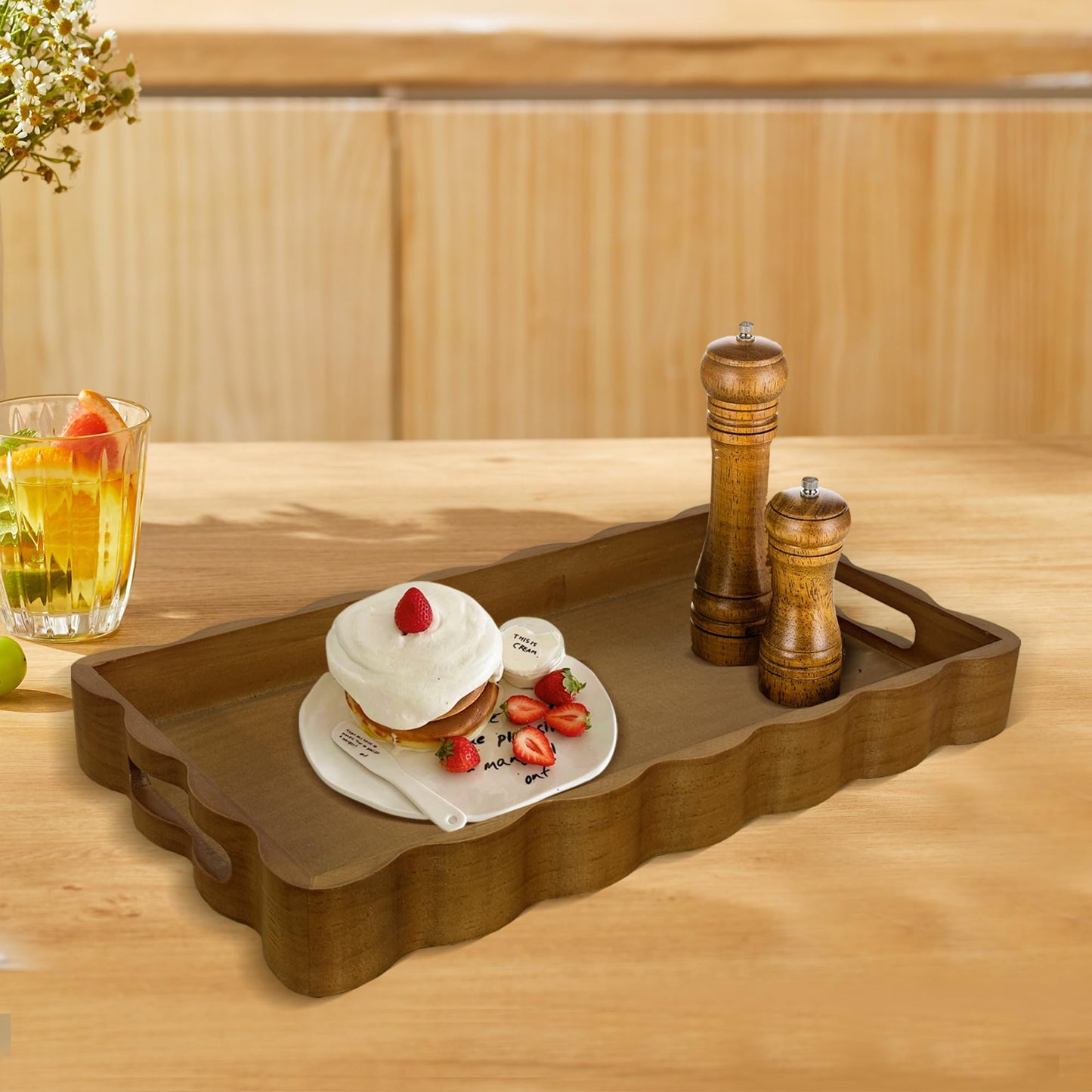 JUIOETURPine Wood Decorative Tray with Handle Rectangular Wooden Serving Tray for Breakfast in Bed,Coffee Table,Dining Table,or Kitchen - Perfect for Living Room,Bedroom,and Entryway Decor (Brown)