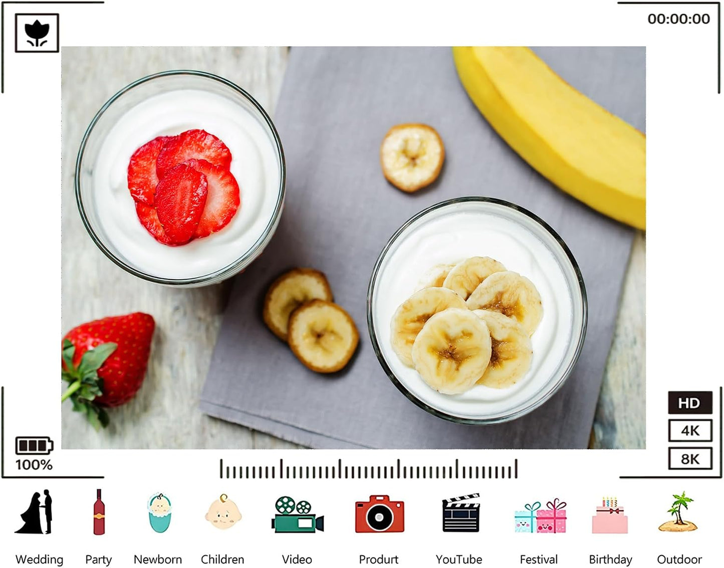 TryKid 8x8ft Strawberry Banana Yogurt Parfait Backdrop Fresh Fruit Healthy Snack Scene Photography Background Brunch