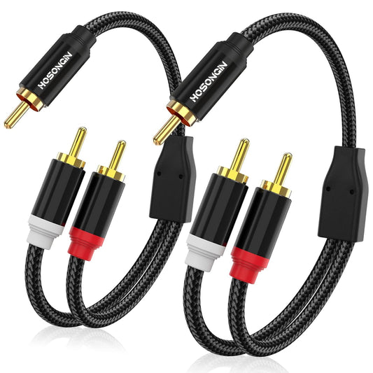 1 2 (2 Pack), 12 Inch, 24K HOSONGIN RCA Y Splitter Cable, Male to Male Audio Cables Gold-Plated, Cotton Braided