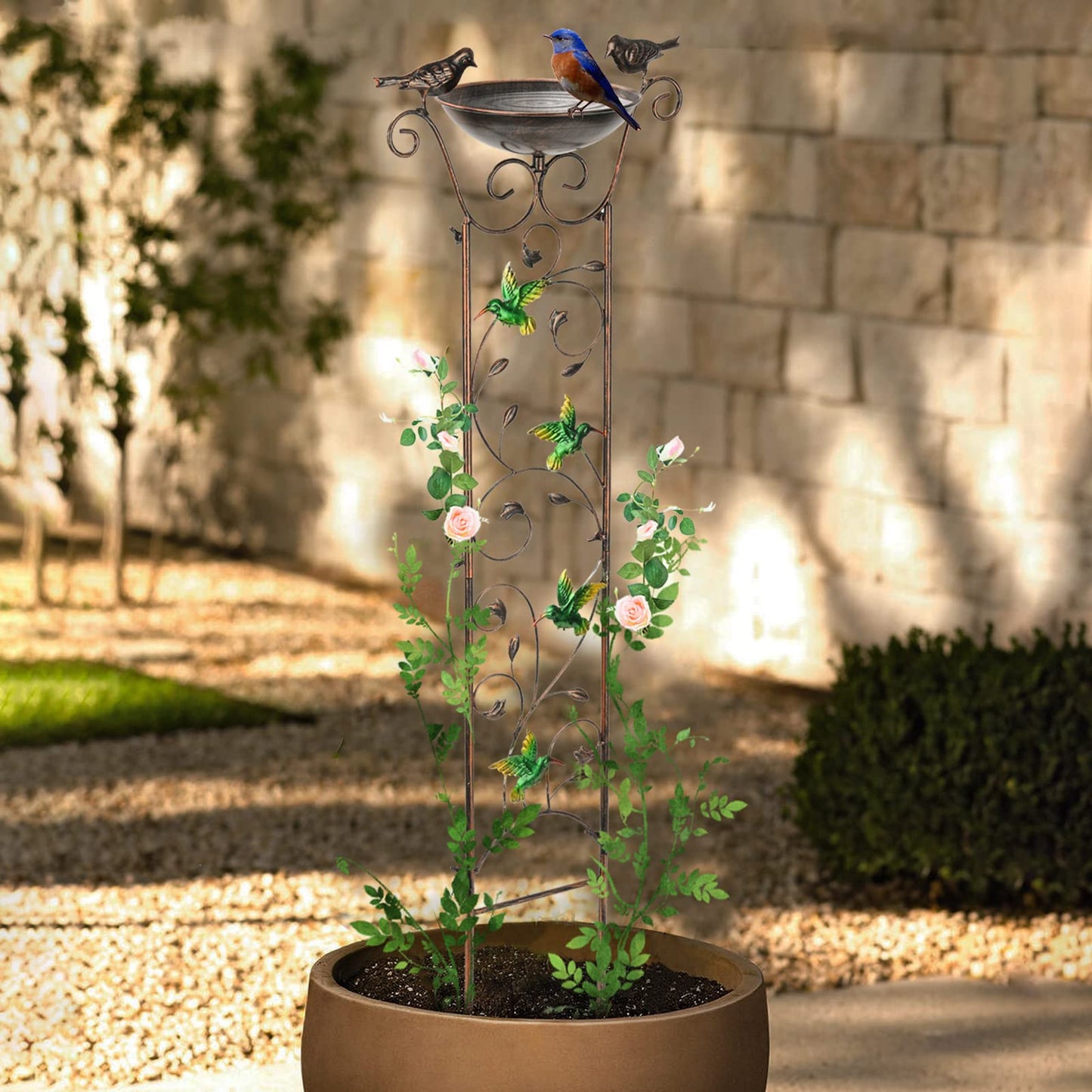 SUNNYPARK Antique Garden Iron Trellis with Decorative Hummingbirds Detachable Bird Bath Bowl Metal Potted Plant Support for Climbing Flowers