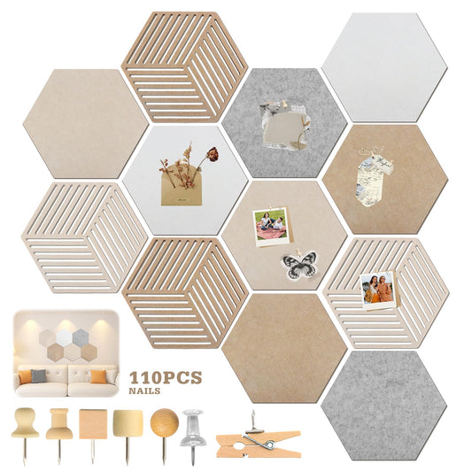 Hexagon Cork Board 12pcs with 110 Push Pins,Bulletin Board Decorative for Tiles Walls Office Room Decor Felt Vision CorkBoards for Home Pictures Photos Notes 12'' Hex