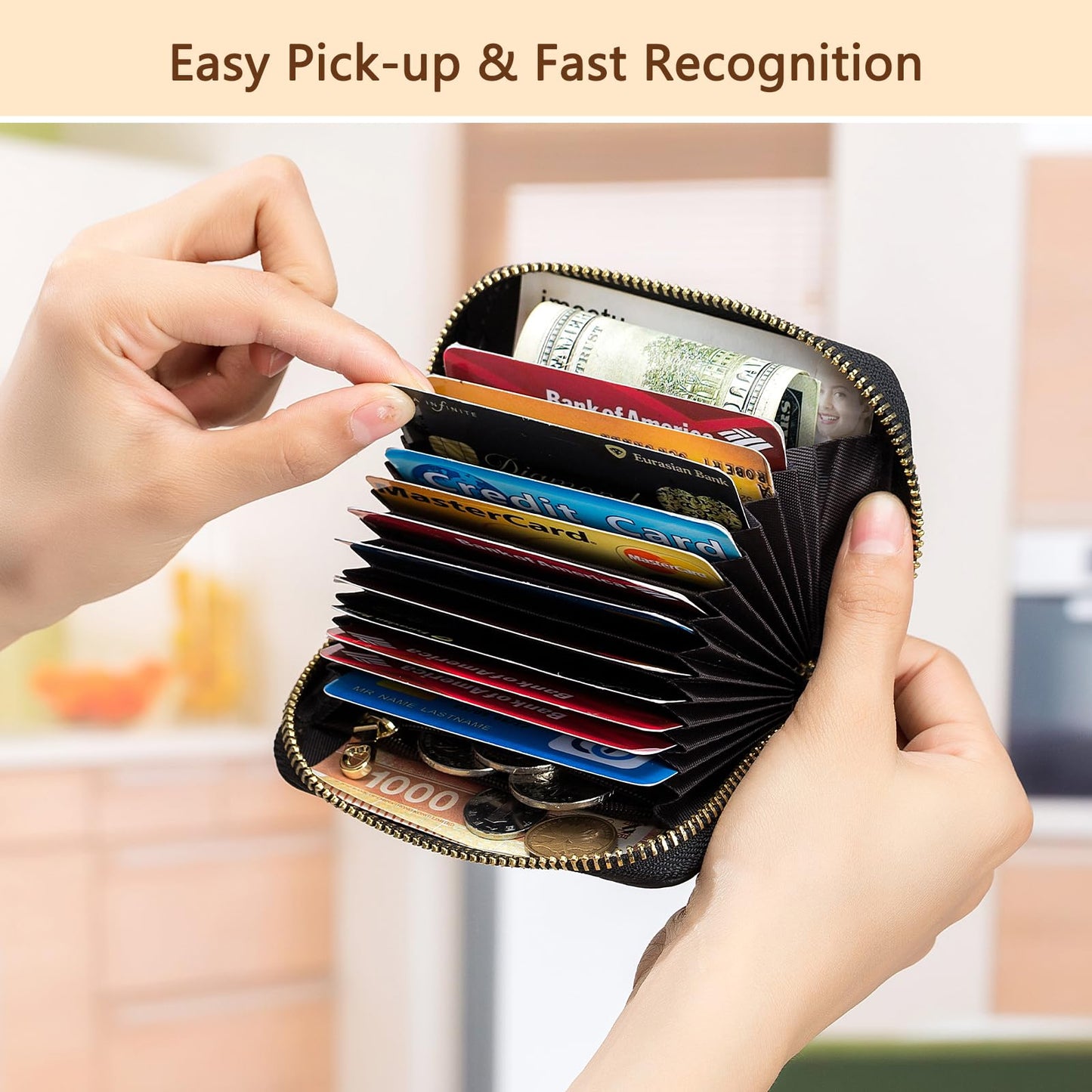 imeetu RFID Credit Card Holder, Small Leather Zipper Card Case Wallet for Women (Lite,Blue)