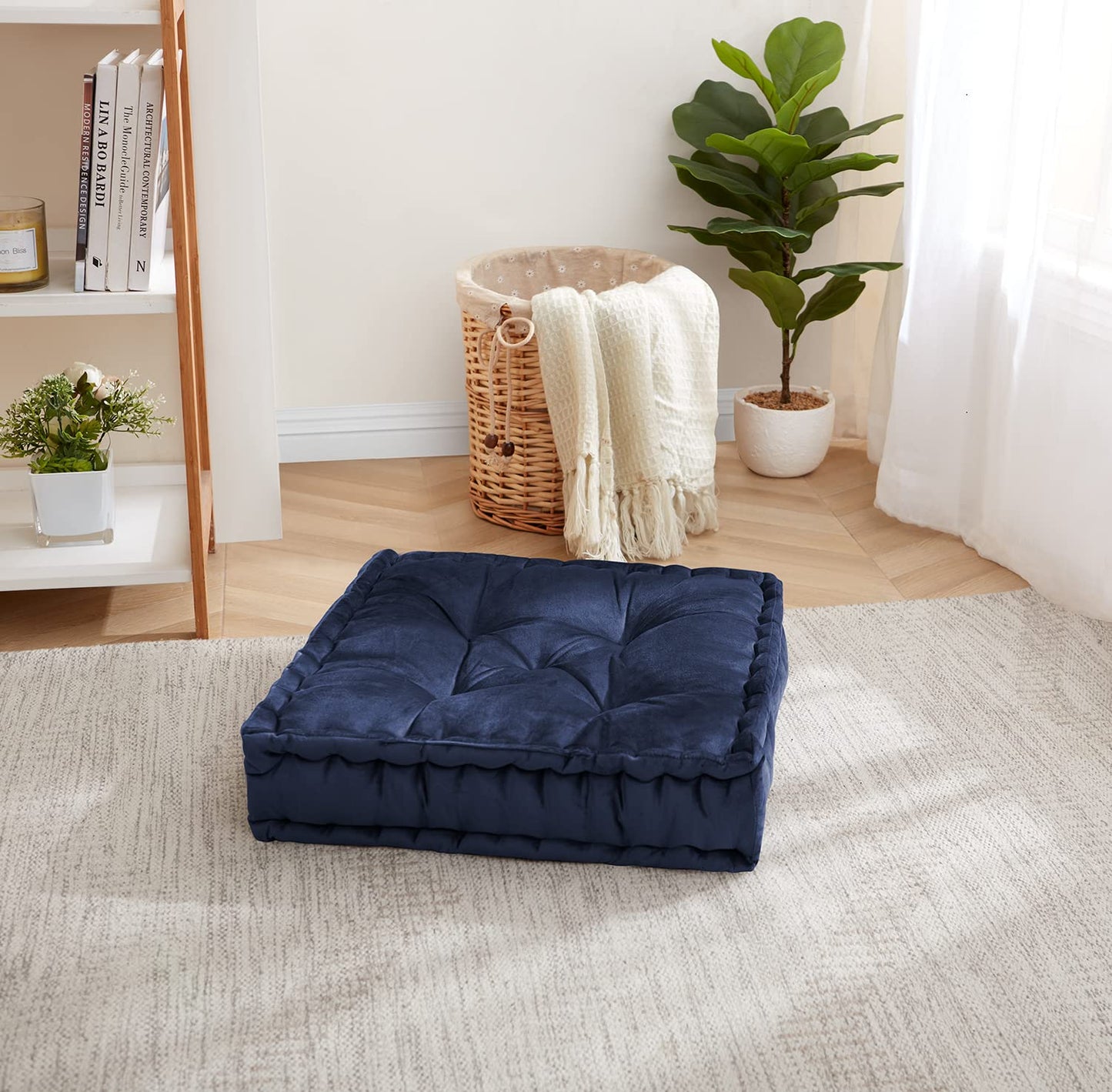 Floor Pillow Large Square Tufted Decorative Cushion 20" x 20" Faux Velvet Fabric Ultra Thick Fill for Kids and Adults, 1 Pack, Navy