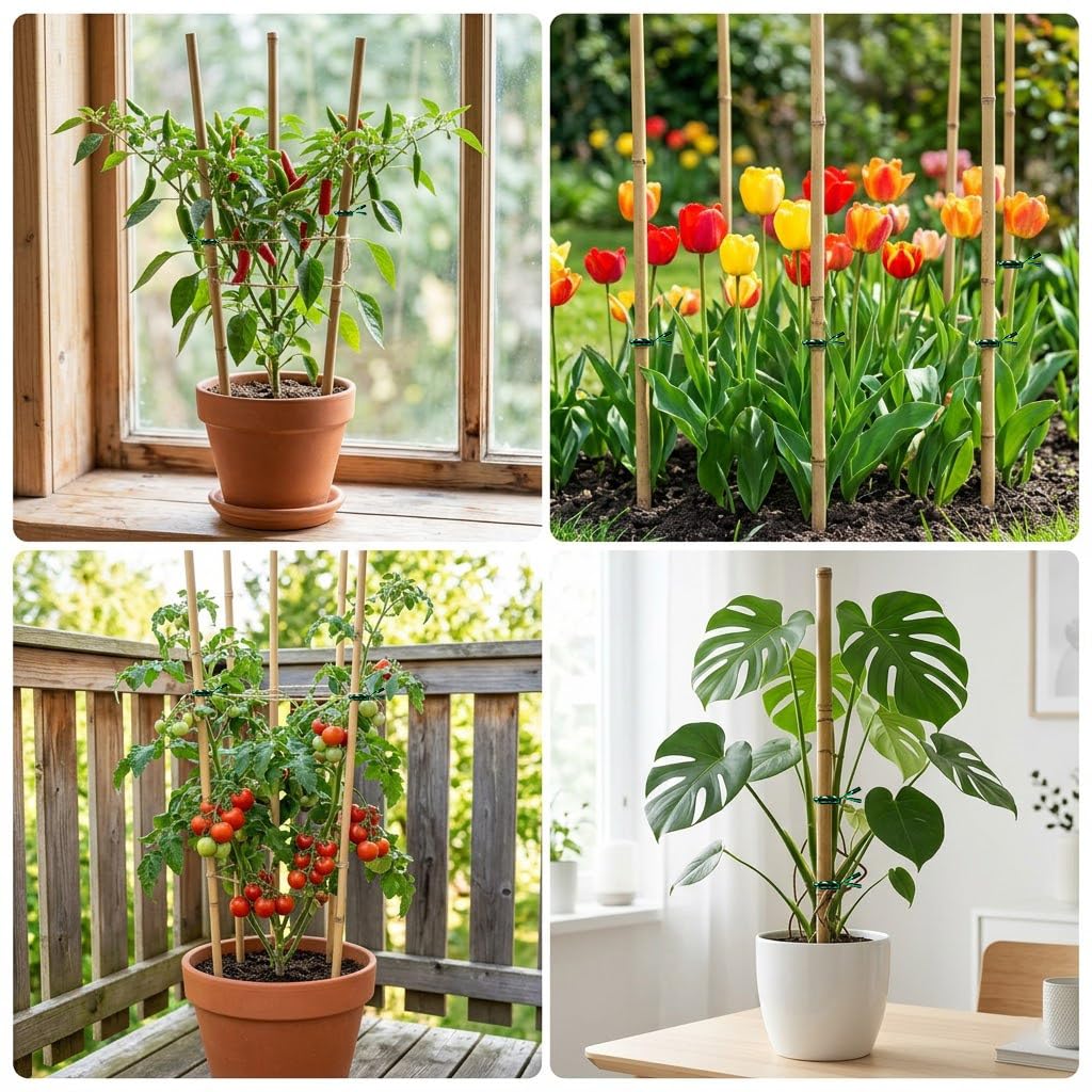 Plant Stakes Natural Bamboo Sticks - 25 Pcs Bamboo Garden Stakes for Plants 18 Inches Plant Support Sticks with Twist Ties for Tomatoes Beans Orchid Flowers Indoor Outdoor Potted Climbing Plants
