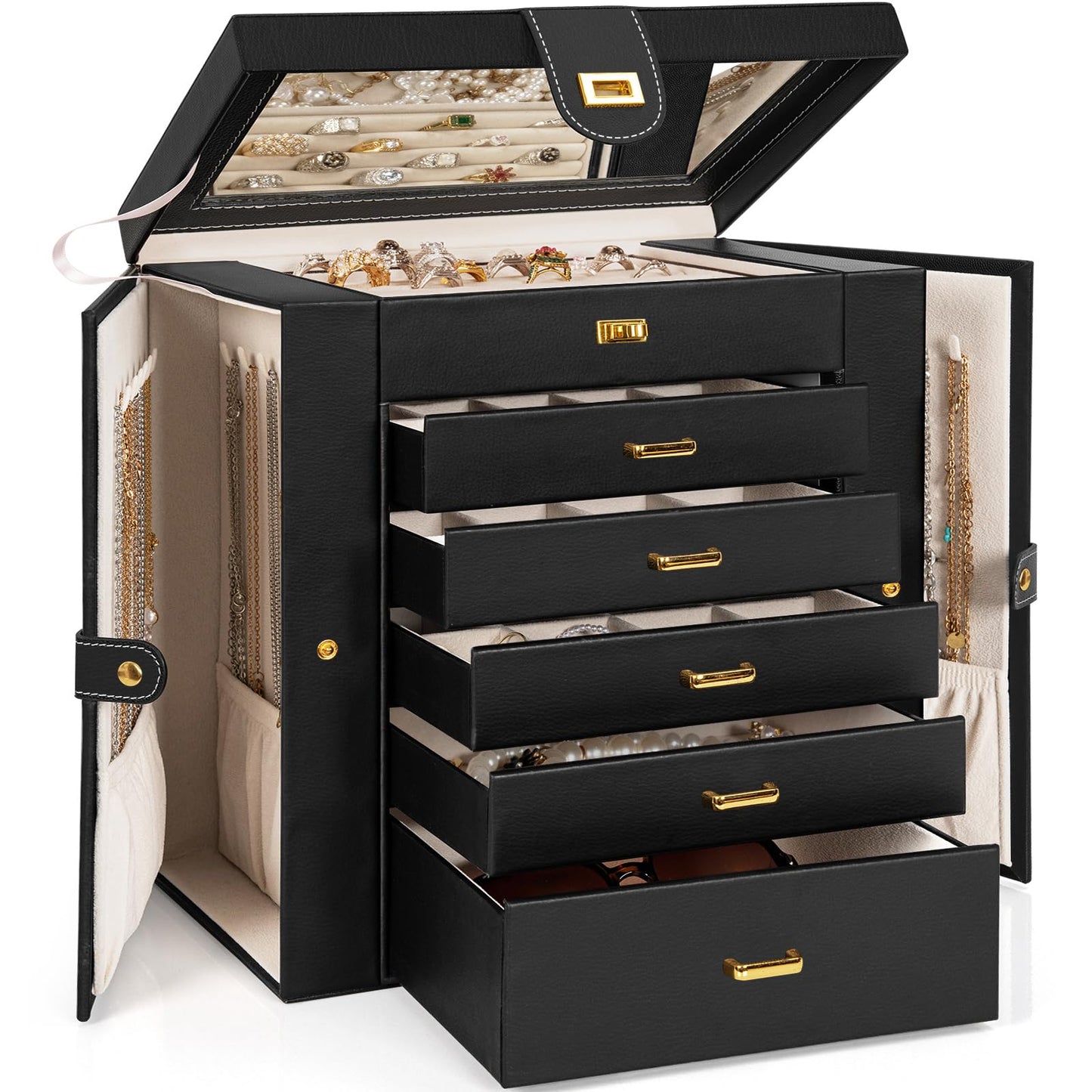 AKOZLIN Huge Jewelry Box Organizer Functional Extra Large Leather Jewelry Storage Case for Women Girls Ring Necklace Earring Bracelet Holder Organizer with Mirror Black
