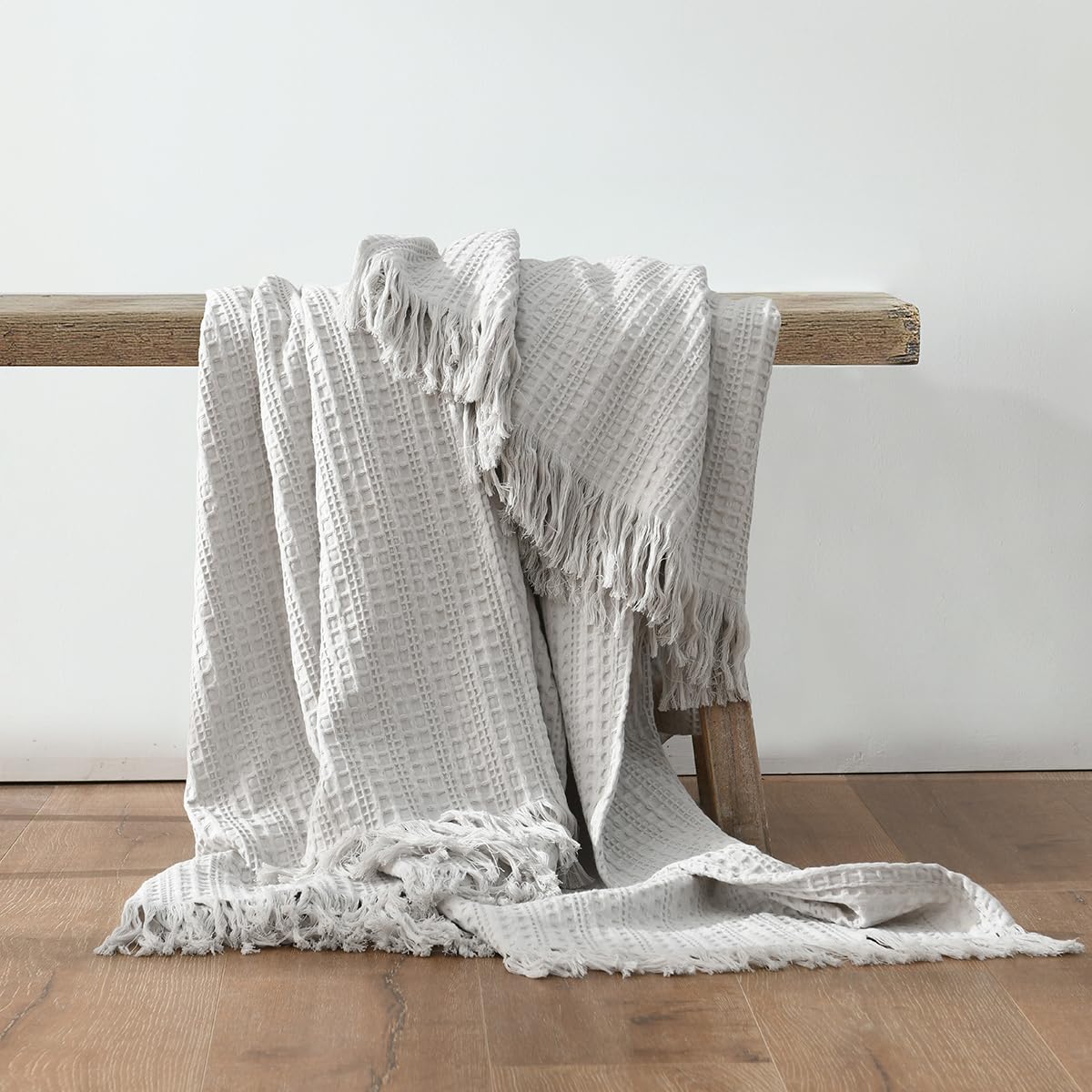 100% Cotton Waffle Blanket with Fringe, Pre-Washed Waffle Weave Blanket for All Season, Lightweight Breathable Soft Cozy Throw Blanket for Couch, Bed, Travel (Light Grey - 50x60 Inches)