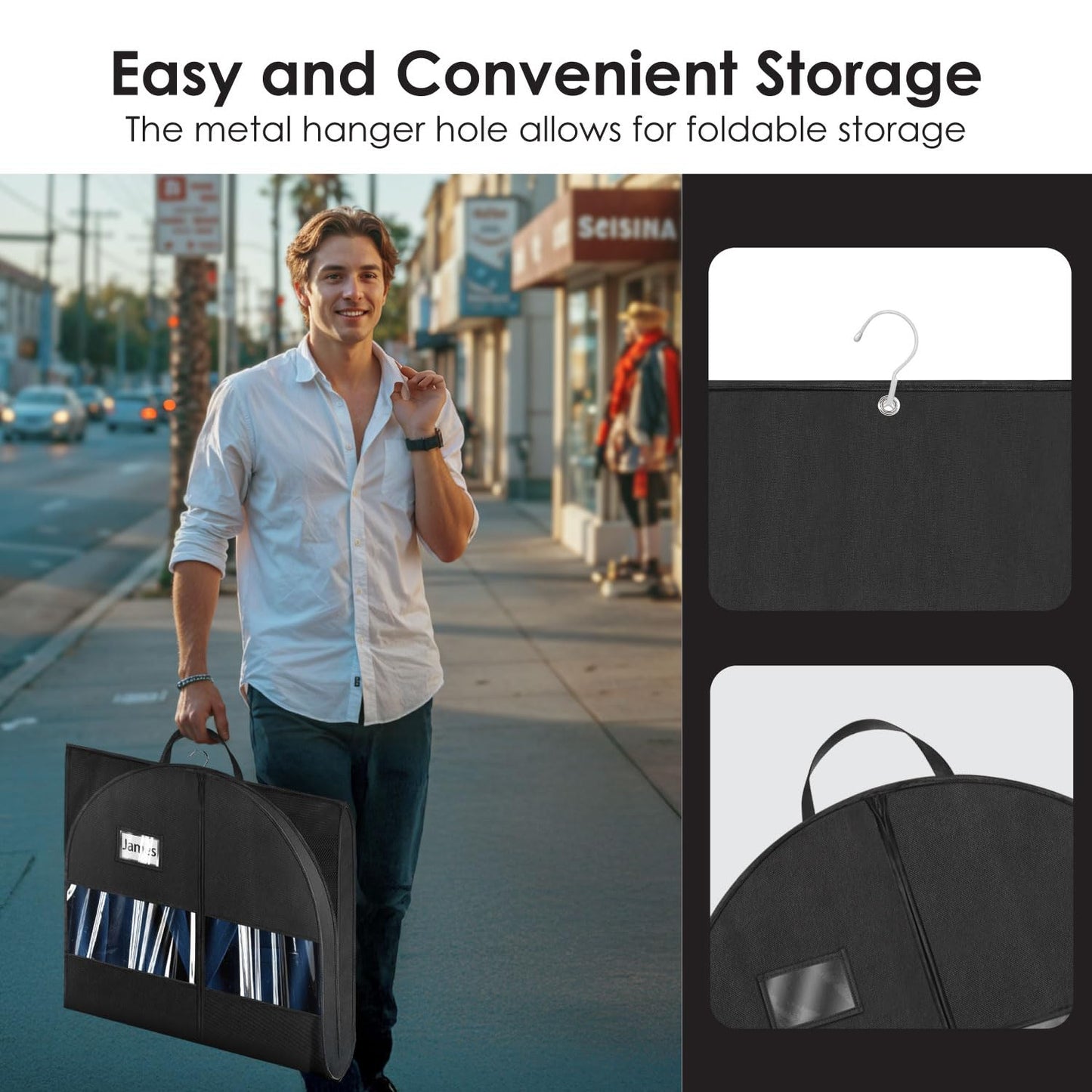 Mber 43" Gusseted Heavy Duty Garment Bags for Travel with Accessories Zipper Pocket Shoe Storage, Hanging Clothes Travel Bag for Dresses, Suit, Coats, Tuxedo, Gowns Travel Essential, Black, 1 pack
