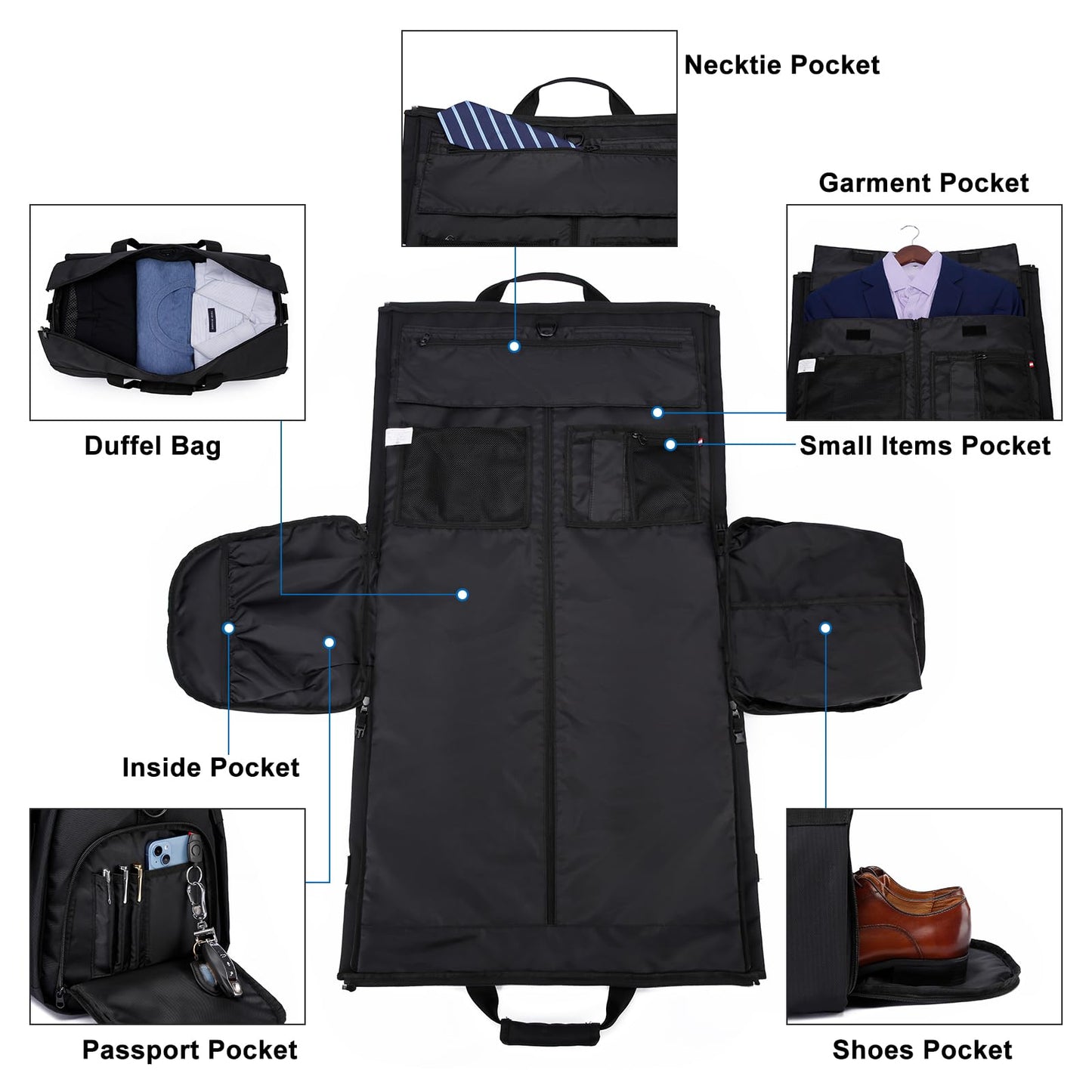 Garment Bags for Travel Large Suit Bag for Men Carry On Garment Bag Convertible Garment Duffle Bag with Shoes Compartment,2 in 1 Hanging Dress Suitcase Suit Travel Bags,Black