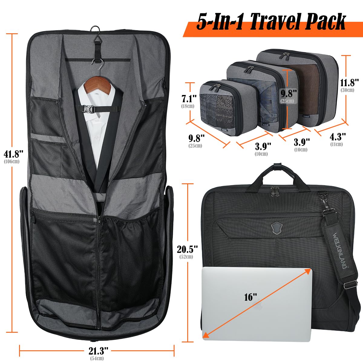 WELKINLAND 3-Suits Garment Bags for Travel W/ 4-Pack Compression Packing Cubes, 30L-Large Carry On Garment Bag for Travel, 15-Pockets Suit Holder Travel Bag, Wrinkle-Free Suit Garment Bag for Men