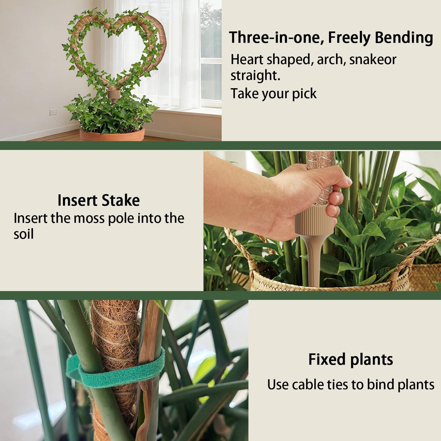 3 Moss Poles in 1, Bendable Monstera Plant Support, 30IN Tall Plant Stakes for Indoor Plants, Coir Pole Plant Support for Climbing Plants, Pothos, Philodendron-1 Pack