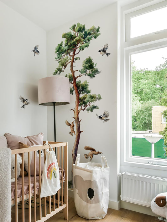 Large Pine Tree Wall Decals Forest Watercolor Squirrel Bird Wall Stickers Peel and Stick Wall Decal Living Room Baby Nursery Bedroom Kids Room Wall Decor (Watercolor Tree)