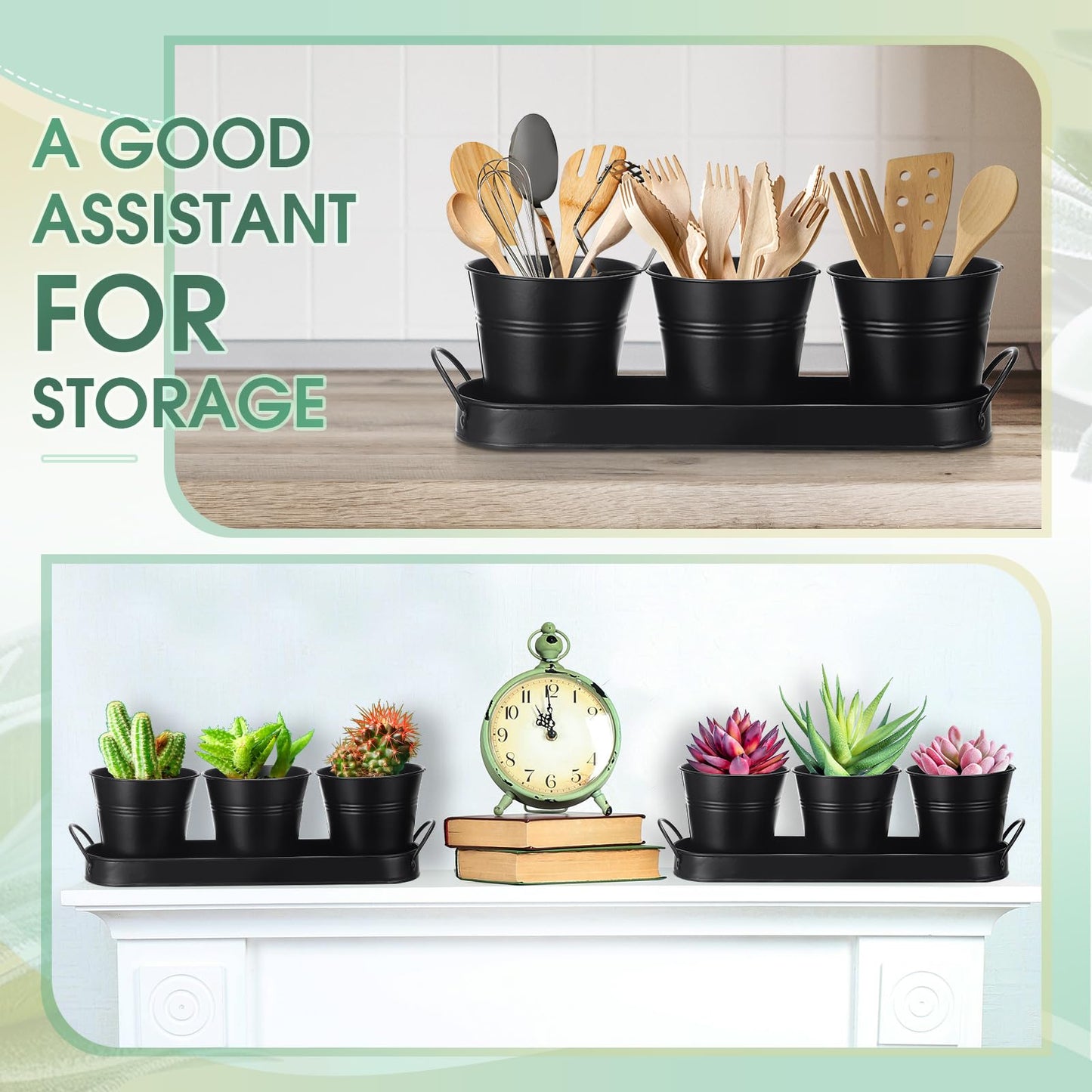 Hicarer 2 Sets Herb Planter with Tray Metal Herb Garden Planter with Drainage Farmhouse Windowsill Pots for Indoor Plants Flower Succulent Outdoor Kitchen Apartment Balcony Window (Black)