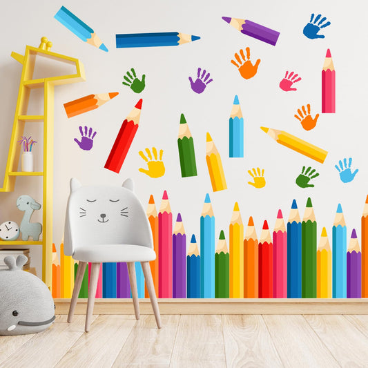 Colorful Pencils Wall Decals - 9 Sheets 47 Pcs Colored Handprint Pencil Wall Stickers Educational Peel and Stick Wall Decor for Back to School Classroom Playroom Living Room Nursery