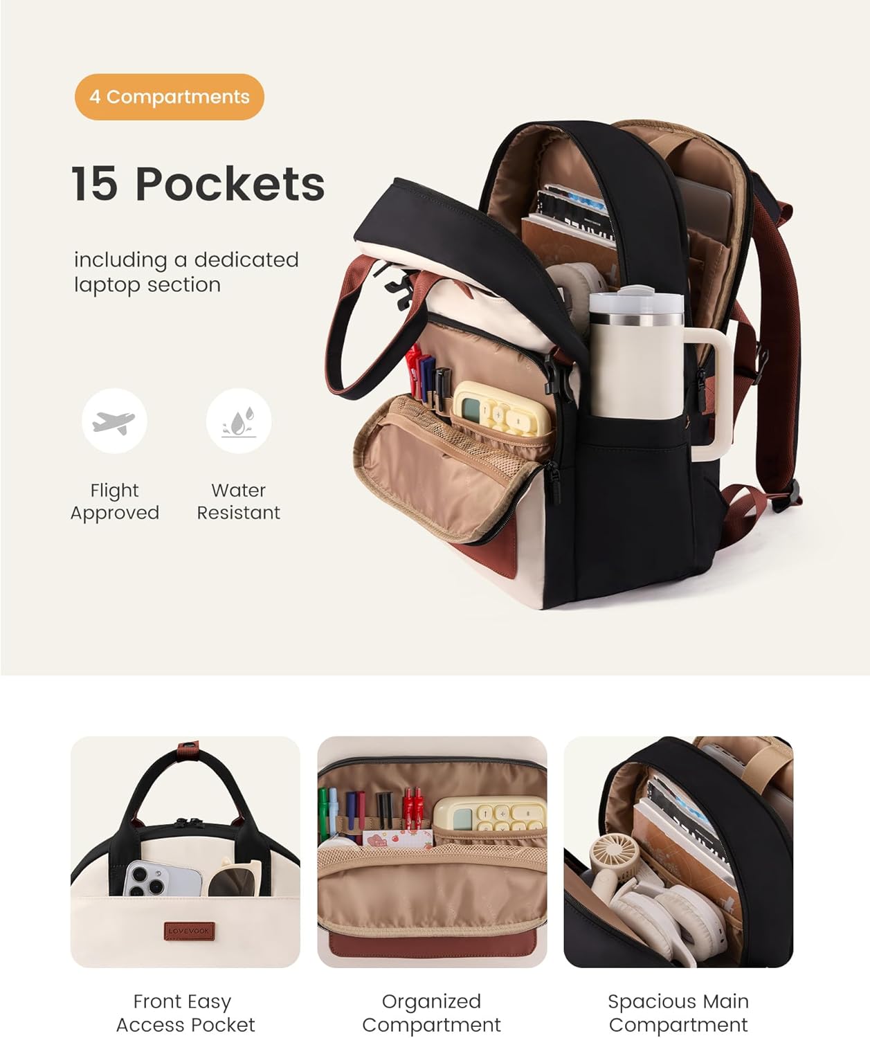 Backpack Backpack Backpack, 15.6Inch LOVEVOOK Laptop for Women - Stylish Work with Large Cup Holder, Waterproof College