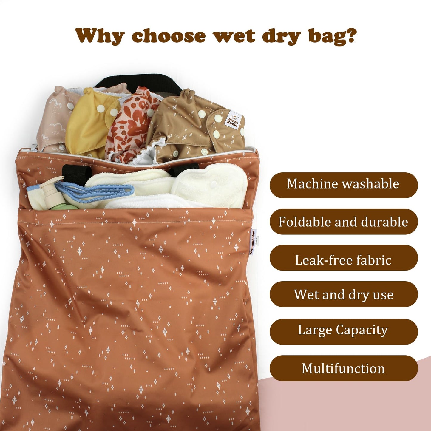 Mama Koala Reusable Hanging Wet Dry Bags for Baby Items, Cloth Diapers, Swimsuits, Travel, Gym Clothes, Beach, Pump Parts, Toiletries, Two Zippered Pockets, 2 Pack (W004L)