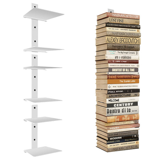 Professional Invisible Floating Book Shelves for Wall, 6 Tier Vertical Spine Book Tower Hanging Bookshelves, Wall Mounted & Space Saving, Heavy Duty Metal Book Organizer for Home Office, 3 Pack White