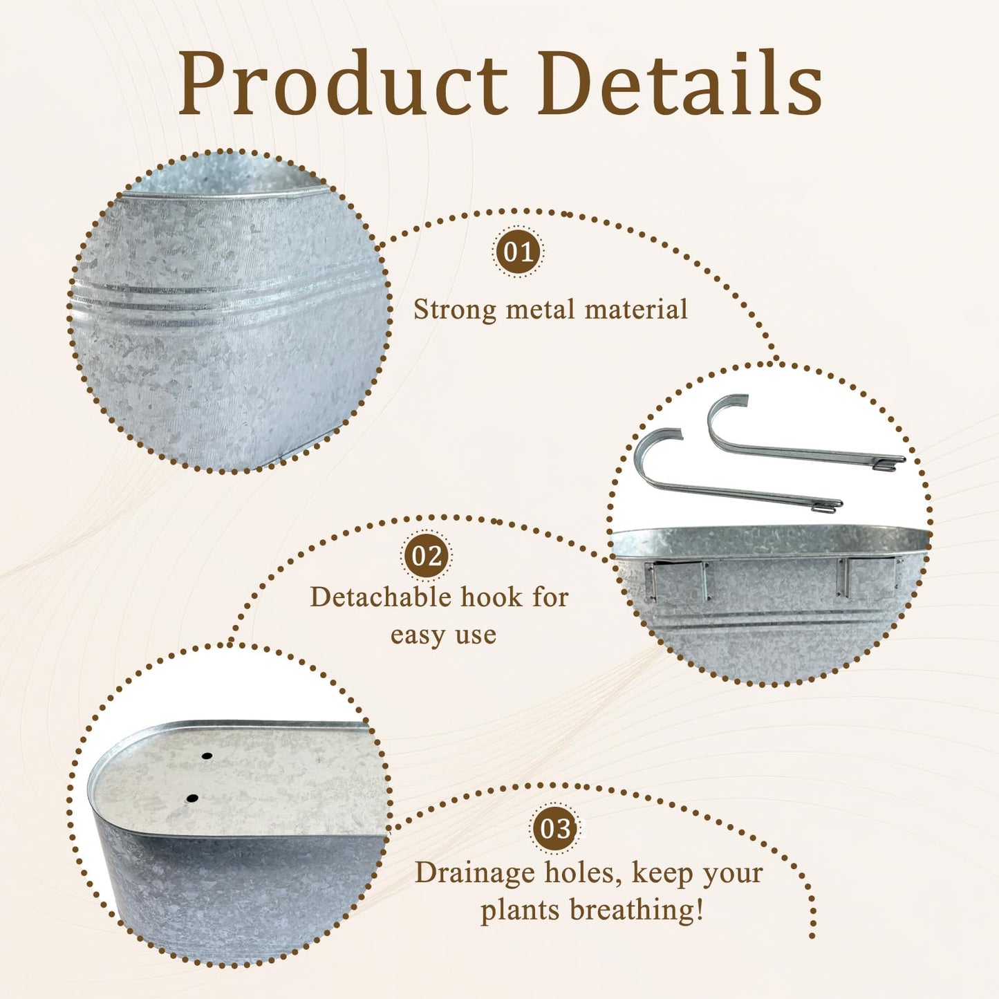 Joyfernal Balcony Galvanized Hanging Planters Railing Flower Pots, Outdoor Metal Fence Planter Pot with Detachable Hooks Drain Hole for Garden Patio Yard Decor (17 Inch, 4Pcs)