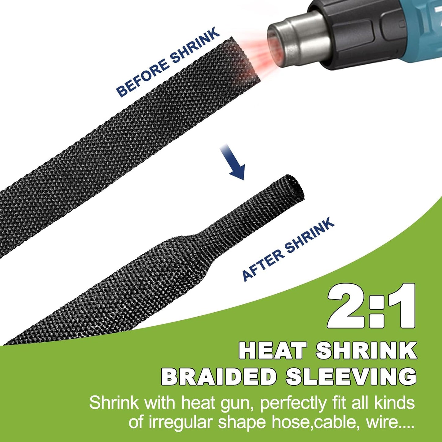 Tsmhisd 2:1Heat (1/2"-12ft) Shrink Wire Loom Braided Cable Sleeves,Heat Resistant Fabric Woven Shrink Tubing Wiring
