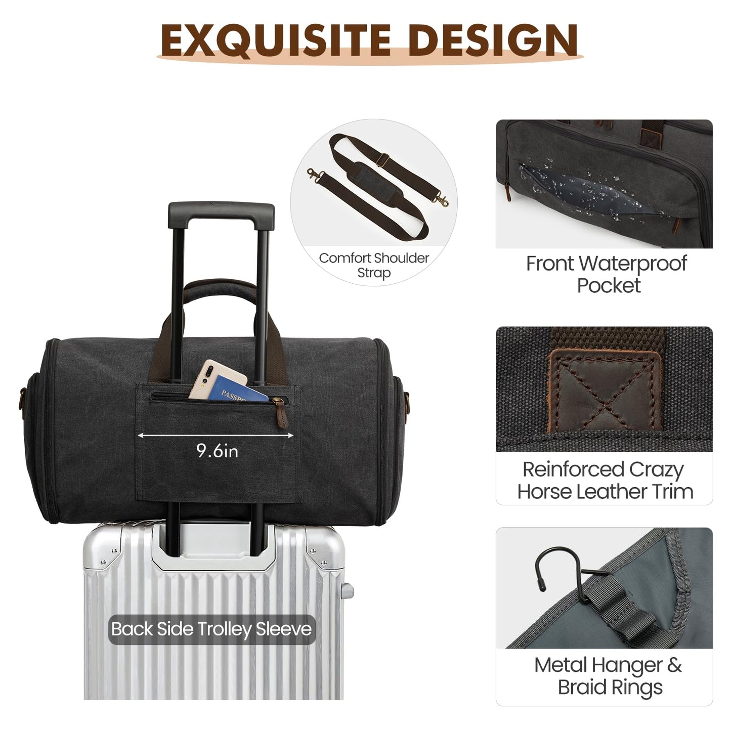 S-ZONE Carry On Garment Bag for Travel Convertible Garment Duffle Bag Suit Bags for Men Women Travel 2 in 1 Hanging Suitcase Business Travel Bag with Toiletry Bag, Black, 50l