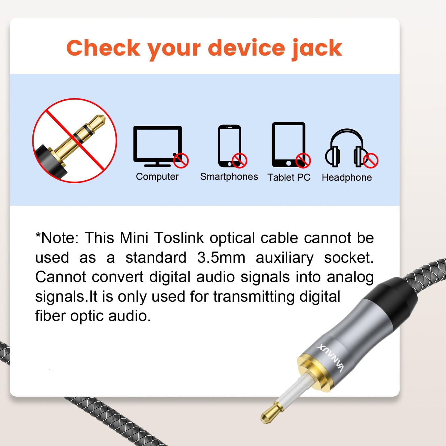 Cable,24K (2ft/0.6m) VANAUX Toslink to Mini Toslink Digital Optical Cable,S/PDIF Fiber Optic Audio Gold Plated