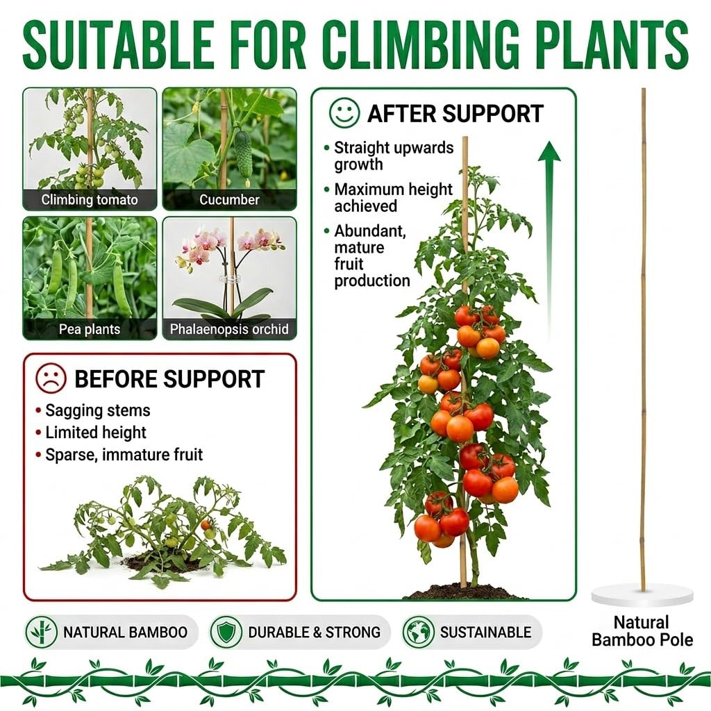 Plant Stakes Natural Bamboo Sticks - 25 Pcs Bamboo Garden Stakes for Plants 3 FT Plant Support Sticks with Twist Ties for Tomatoes Beans Orchid Flowers Indoor Outdoor Potted Climbing Plants