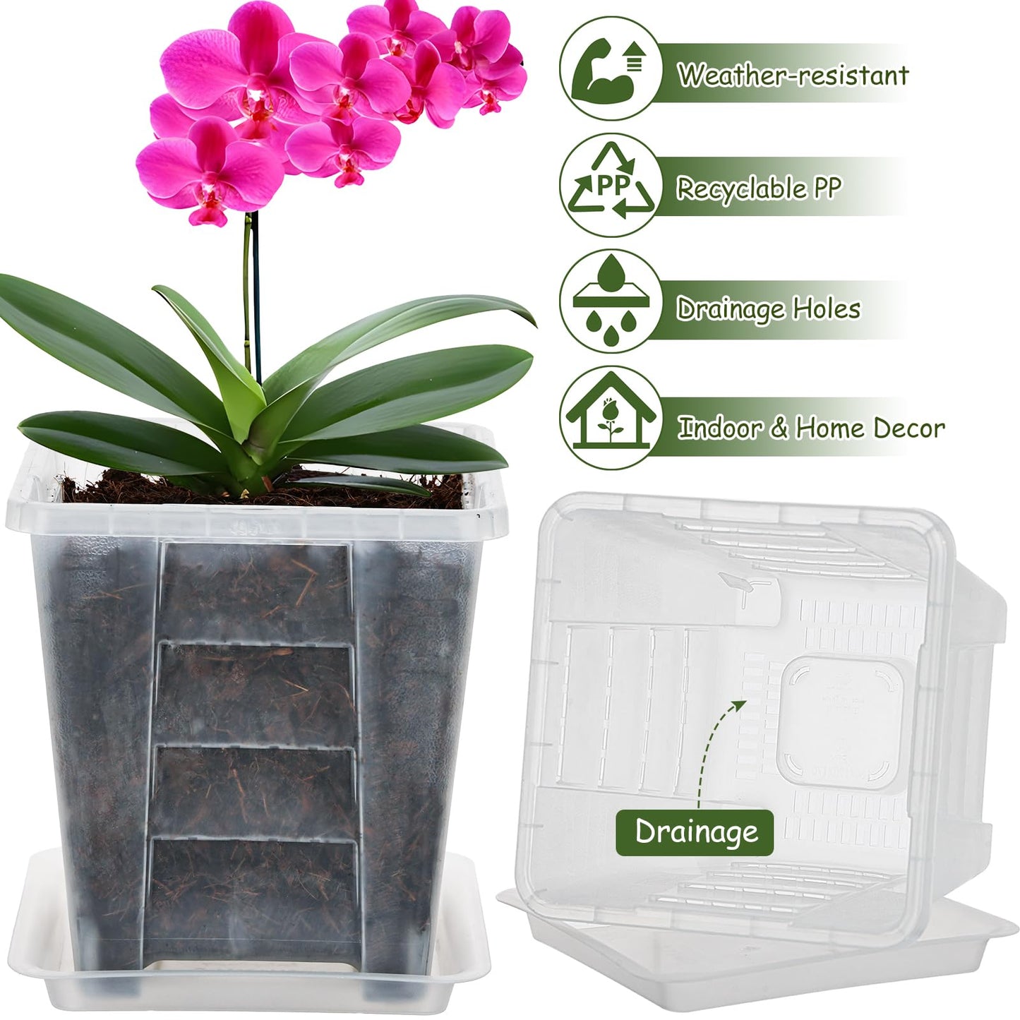 KIMERSE Square Orchid Pot, Clear Flower Pot 3 Pack 6 Inch, Root Control Planting Pots with Tray, Plastic Plant Pot for Home Balcony Orchids, Water Moss, Spider Plants