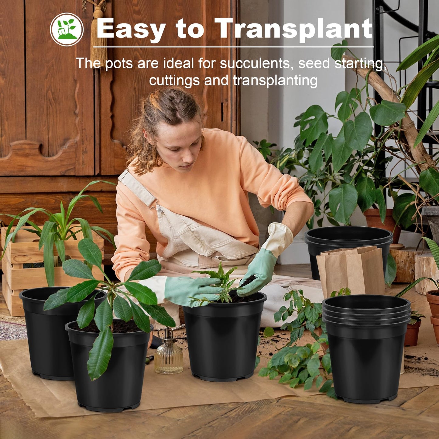 DUNPUTE 6 Pack 5 Gallon Pots for Plants, 5 Gallon Plastic Nursery Pot with Drainage Holes, Sturdy Plastic Plant Pots for Nursery Garden, Flowers, Succulent Outdoor Indoor (Black, 5 Gal- 6 Pack)